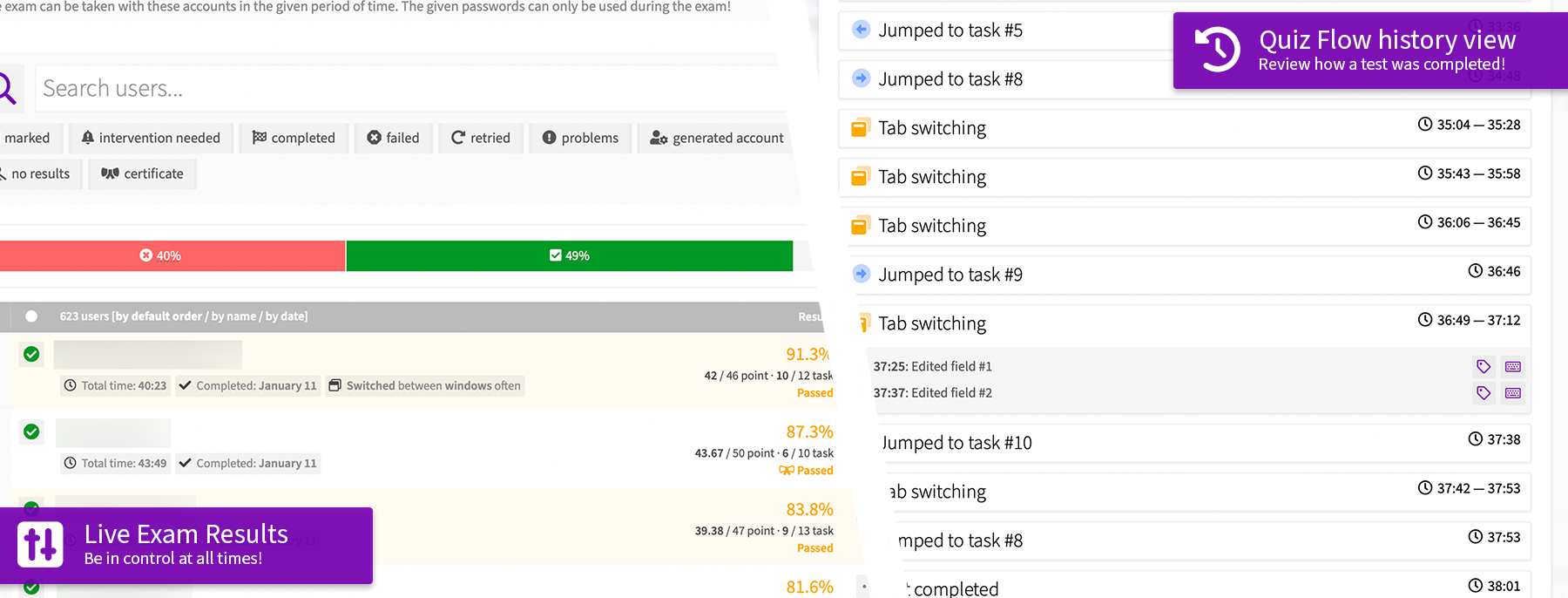 Live results and EduBase Quiz Flow activity monitor